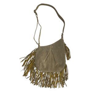 Muxo Camila Alves‎ Leather Fringe Crossbody Bag Taupe Western Boho Festival